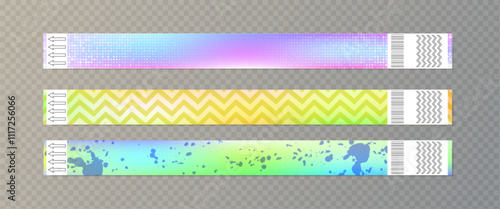 Paper wristbands with holographic foil surface and abstract geometric pattern in iridescent colors. Hologram secure event entrance bracelet tickets identification with barcode and arrow on edges.