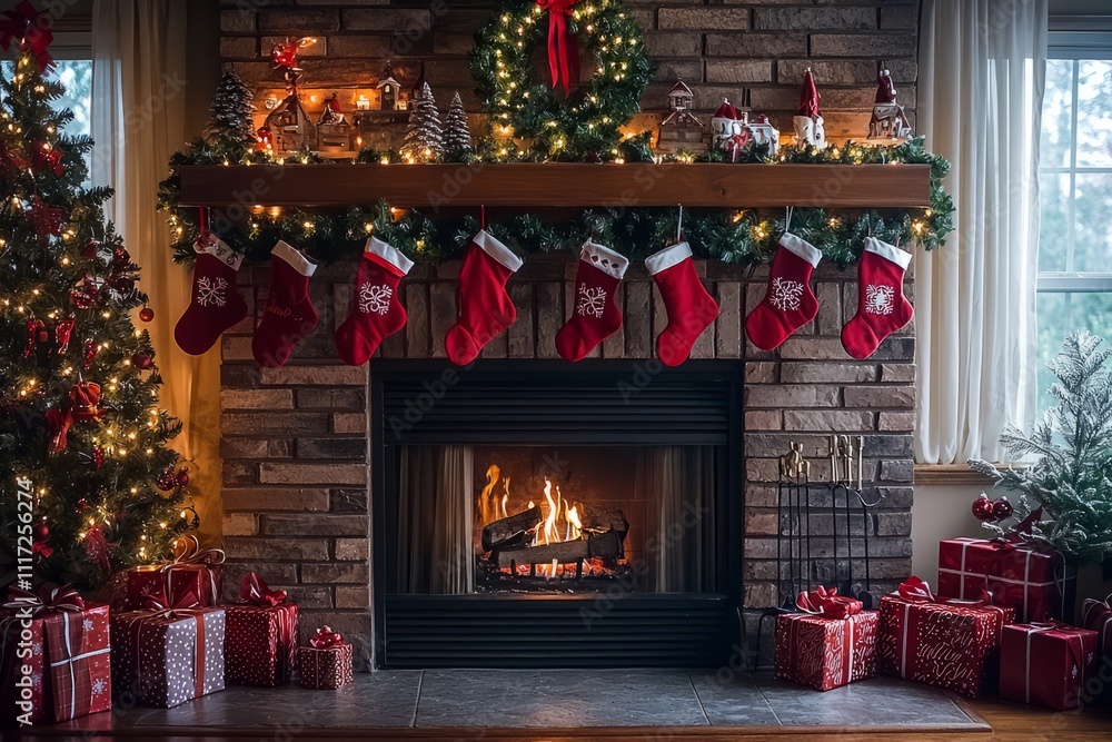 A fireplace mantel decorated with garlands, stockings, and twinkling lights. A wreath hangs above, adding a touch, Generative AI A fireplace mantel decorated with garlands, stockings, and twinkling lights. A wreath hangs above, adding a touch, Generative AI