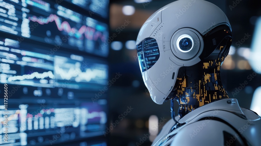 Futuristic Digital Art Piece Featuring Advanced Robot Interface Analyzing Data Visualizations and Trends in a High-Tech Environment for Investment Insights Futuristic Digital Art Piece Featuring Advanced Robot Interface Analyzing Data Visualizations and Trends in a High-Tech Environment for Investment Insights