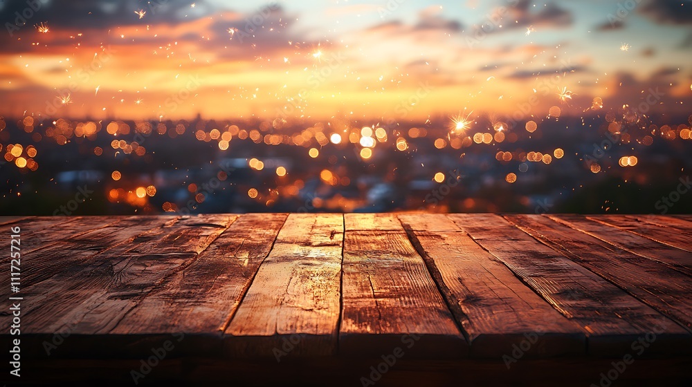 A rustic wooden table glowing softly, set against a blurred horizon shimmering with golden fireworks and festive city lights celebrating New Year, hd resolution, cinematic finish, warm festive tones. A rustic wooden table glowing softly, set against a blurred horizon shimmering with golden fireworks and festive city lights celebrating New Year, hd resolution, cinematic finish, warm festive tones.