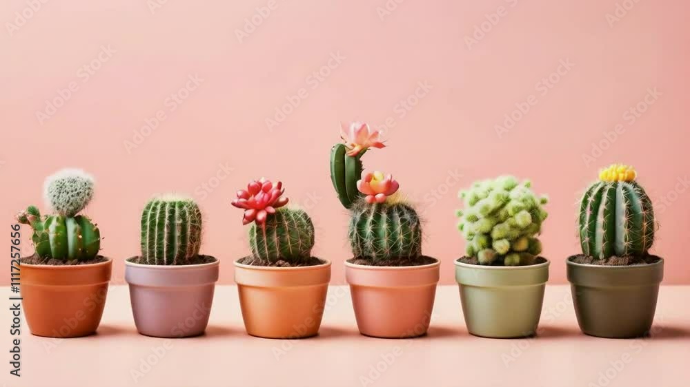 A colorful arrangement of potted cacti with flowers against a soft pink background. A colorful arrangement of potted cacti with flowers against a soft pink background.