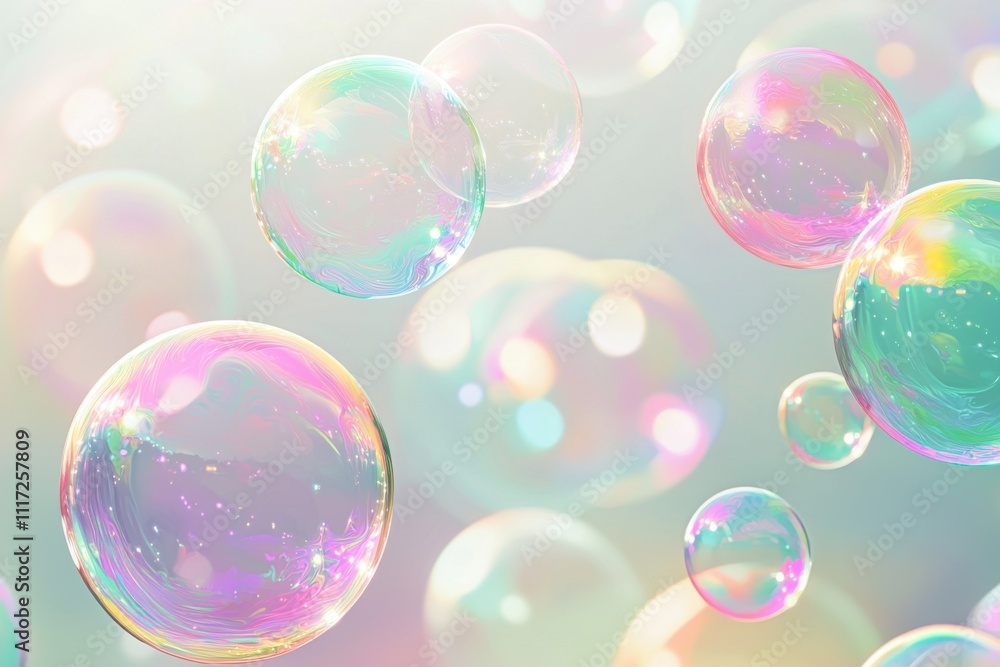 Colorful iridescent soap bubbles floating on a soft pastel background. Colorful iridescent soap bubbles floating on a soft pastel background.