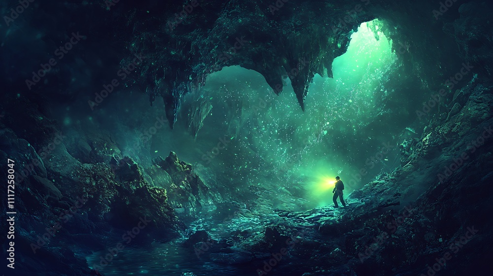A Lone Explorer in a Mystical Underwater Cave A Lone Explorer in a Mystical Underwater Cave