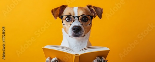 Obraz na płótnie Dog reading a book studio setting funny animal photography w salonie
