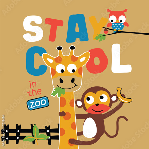 Cute cartoon giraffe and monkey with smiling faces, playful owl, and colorful STAY COOL in the ZOO text. Fun kids zoo adventure concept
