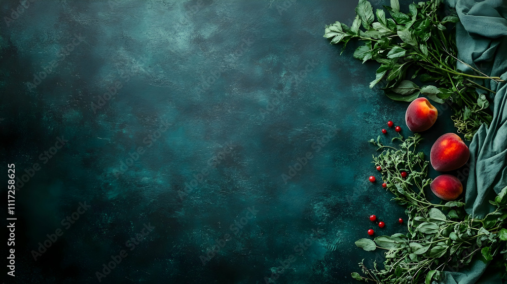 Dark teal textured background with peaches, green leaves, and red berries. Dark teal textured background with peaches, green leaves, and red berries.