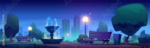 Night city downtown park with fountain. Vector cartoon illustration of dark public garden with street light illumination, green trees, bushes, lawn, wooden benches, modern cityscape with skyscrapers