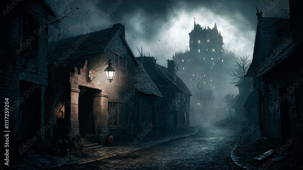 Spooky Villages in Mysterious fog Spooky Villages in Mysterious fog