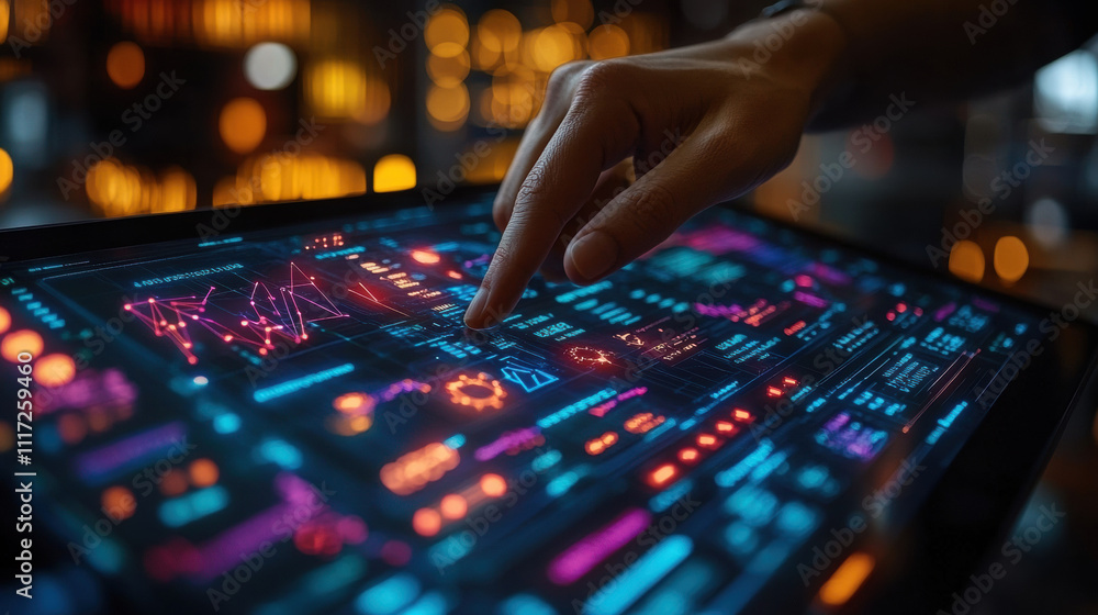 hand interacting with futuristic data interface on tablet hand interacting with futuristic data interface on tablet