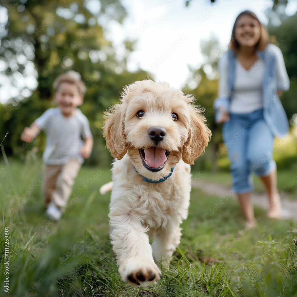Happy dog running in park with children playing nearby Happy dog running in park with children playing nearby