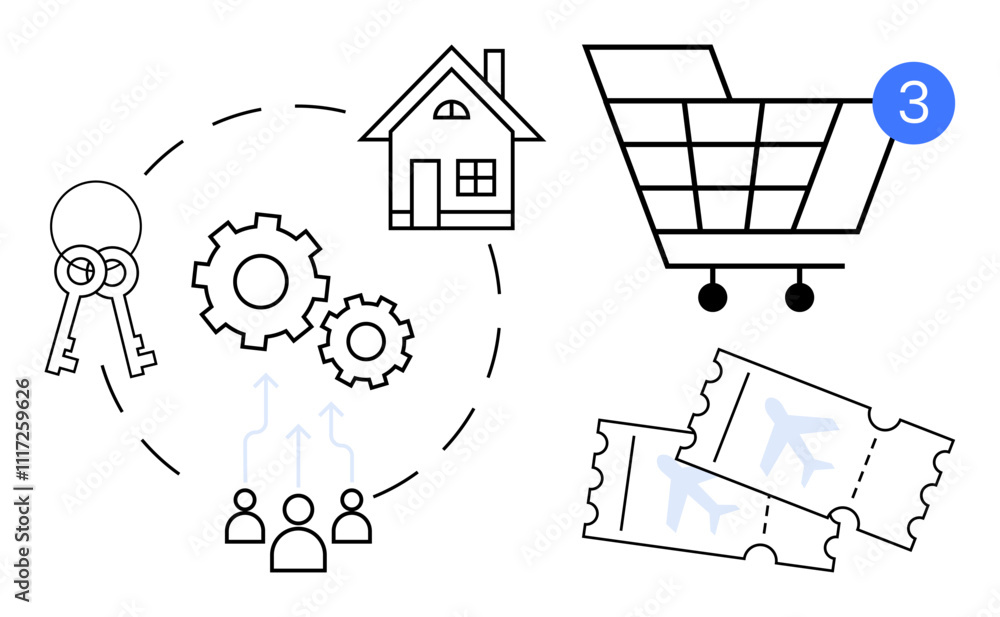 Obraz premium Keys, gears, house, shopping cart with notification, and plane tickets represent planning and organizing efficiently. Ideal for home management, travel planning, online shopping, teamwork