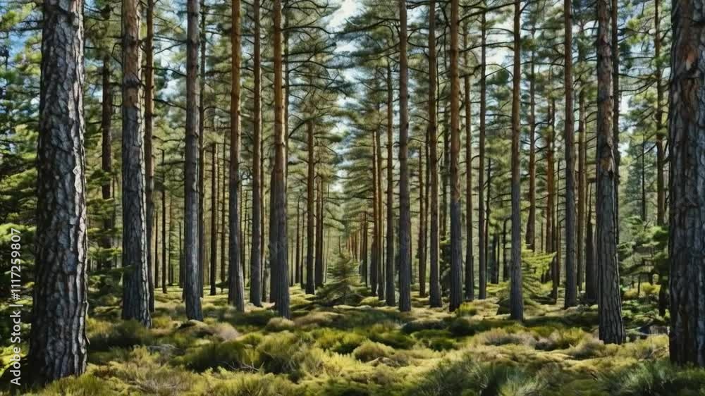 A serene forest scene with tall trees and lush undergrowth, evoking tranquility and nature. A serene forest scene with tall trees and lush undergrowth, evoking tranquility and nature.