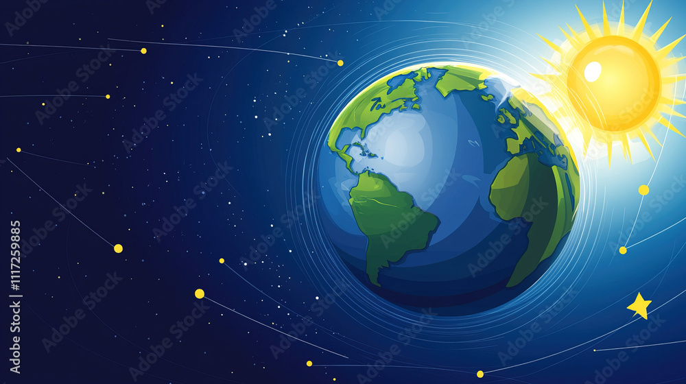 Naklejka premium Earth axis diagram illustration showing the tilt of the Earth's rotational axis relative to its orbital plane, explaining the cause of seasonal changes and the distribution of sunlight.