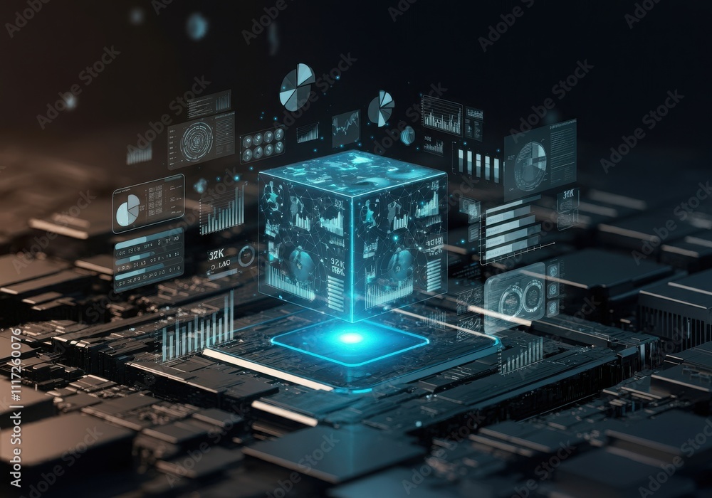 Fototapeta premium Data analysis science and big data with AI technology. Analyst or Scientist use a computer and dashboard for analysis of information on complex data sets on computer. Insights development engineer