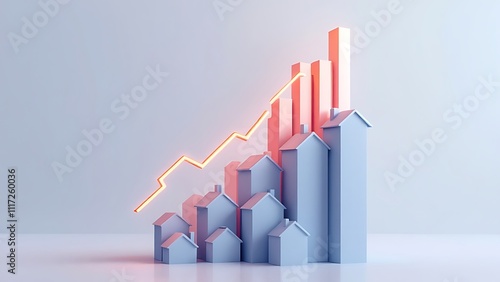 3D stack of houses with a financial growth chart on top, symbolizing real estate investment, market trends, and property value increase. Ideal for financial, business, and investment visuals. photo