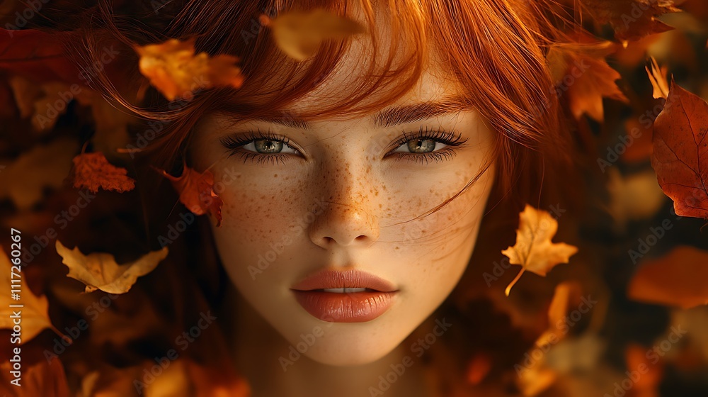 Fototapeta premium Autumn portrait of a woman amidst colorful leaves forest close-up
