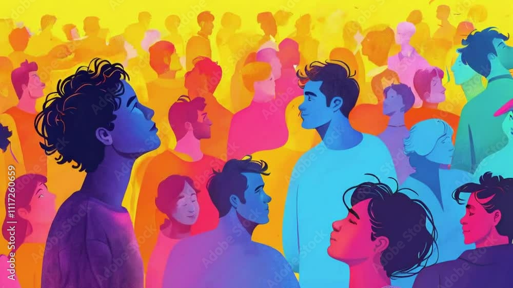 A vibrant illustration of diverse individuals in a crowd, exploring themes of connection and identity.