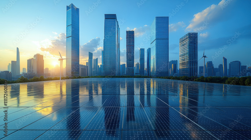 futuristic cityscape with solar panels and wind turbines futuristic cityscape with solar panels and wind turbines