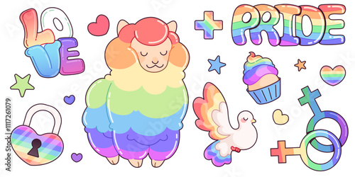 Rainbow colored stickers and icons for LGBTQ tolerance design - cute sheep, padlock and dove, cupcake and gender symbols, stars and hearts. Love text and Pride lettering in pastel gradient colors.