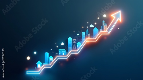 Upward trending graph with real estate icons and increasing values, symbolizing growth in property markets, investment returns, and real estate development opportunities. photo