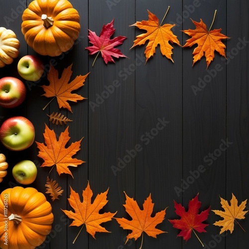 Autumn-themed flat lay composition with pumpkins, apples, and vibrant orange leaves arranged along the left edge on a dark wooden background. The minimalist design features warm seasonal colors and am