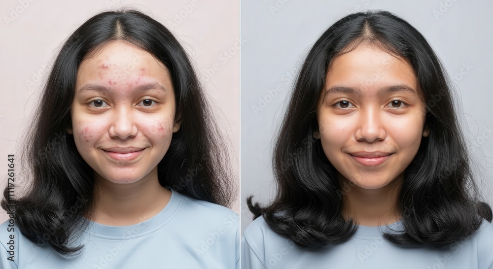Young asian female before and after skin treatment transformation
