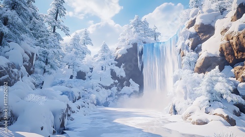 Wallpaper Mural A serene winter landscape featuring a snowy waterfall and frosted trees under a bright sky. Torontodigital.ca