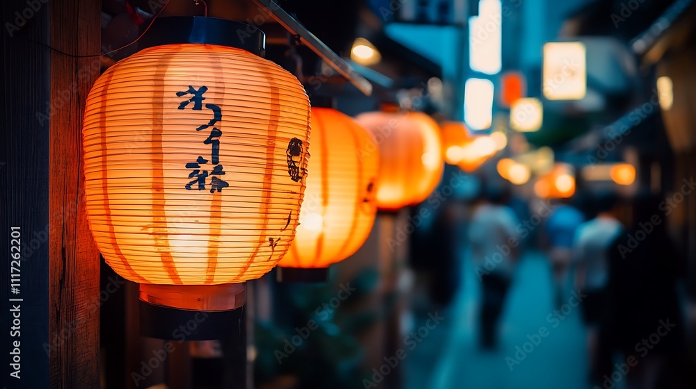 Warm lanterns illuminate an old japanese street Warm lanterns illuminate an old japanese street