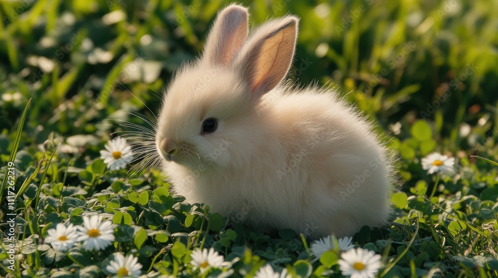 Fototapeta premium Adorable baby rabbit nestled amongst flowers in a grassy meadow.
