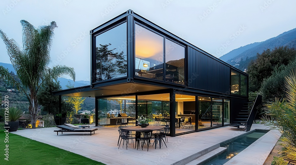Naklejka premium Sleek container dining room exterior with black steel panels, spacious patio, and sunset over the mountains