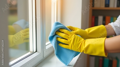 Wallpaper Mural Close-up of a cleaning woman wearing yellow gloves and holding a rag. Torontodigital.ca