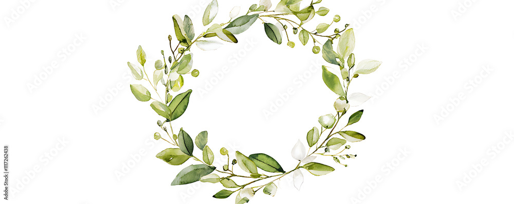 Obraz premium A circular watercolor wreath featuring vibrant green leaves and clusters of red berries arranged in a delicate, natural style against a white background. 