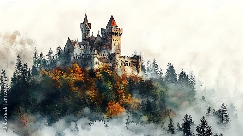 A mystical castle perched among trees, shrouded in mist and autumn colors. A mystical castle perched among trees, shrouded in mist and autumn colors.