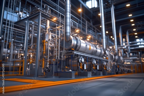 Industrial plant's intricate machinery and pipelines. Ideal for illustrating industrial processes, manufacturing, or energy production.