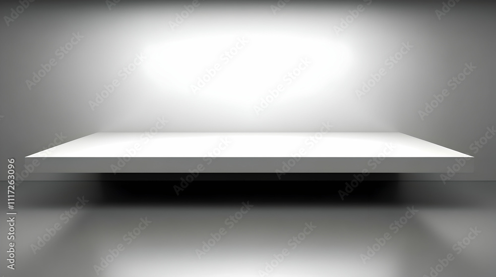 Empty white shelf against a gray wall, illuminated from above. Empty white shelf against a gray wall, illuminated from above.