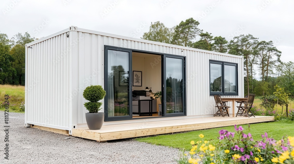 Stylish container dining room exterior with white walls, large sliding glass doors, overlooking a flower meadow Stylish container dining room exterior with white walls, large sliding glass doors, overlooking a flower meadow