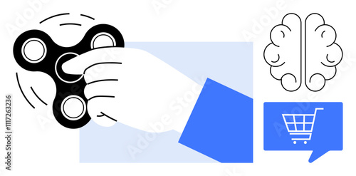 Hand holding fidget spinner in motion beside brain icon and shopping cart symbol. Ideal for stress relief, mindfulness, mental health, relaxation, cognitive improvement, online shopping, and focus