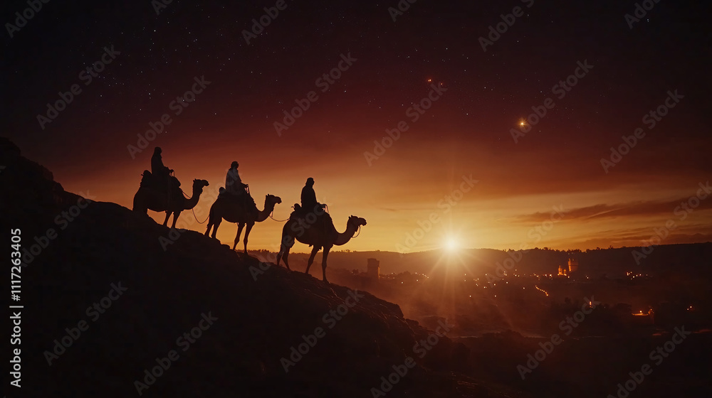 Christmas Jesus birth concept - Adoration of the Magi, Three Wise Men, Three Kings, and the Three biblical Magi with camel silhouettes journeying in sand dunes of desert follow Bethlehem star at night Christmas Jesus birth concept - Adoration of the Magi, Three Wise Men, Three Kings, and the Three biblical Magi with camel silhouettes journeying in sand dunes of desert follow Bethlehem star at night