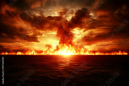 Fiery apocalyptic sunset over ocean.