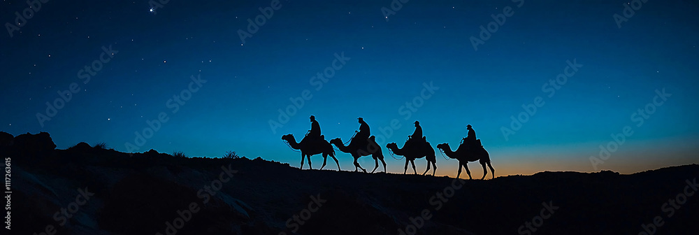 Fototapeta premium Christmas Jesus birth concept - Adoration of the Magi, Three Wise Men, Three Kings, and the Three biblical Magi with camel silhouettes journeying in sand dunes of desert follow Bethlehem star at night