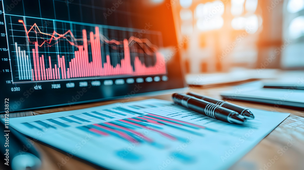 Financial charts and graphs on a desk with pens. Financial charts and graphs on a desk with pens.