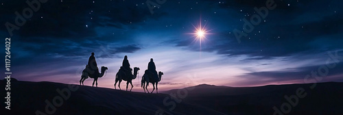 Wallpaper Mural Christmas Jesus birth concept - Adoration of the Magi, Three Wise Men, Three Kings, and the Three biblical Magi with camel silhouettes journeying in sand dunes of desert follow Bethlehem star at night Torontodigital.ca