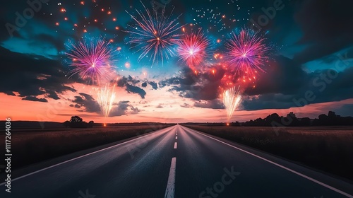 Fireworks light up a road at sunset sky.