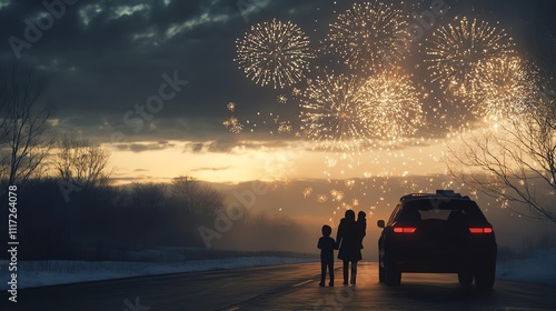 Family enjoying fireworks from car on road.