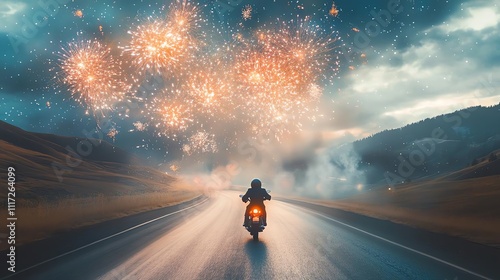 Motorcycle under spectacular fireworks display.