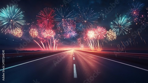 Vibrant fireworks over a deserted highway at night.