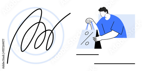 Man holding shopping bag with percentage sign, large swirling signature in background. Ideal for online shopping, discounts, retail, marketing, consumer behavior, e-commerce branding. Line metaphor