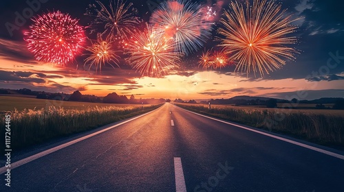 Scenic road with fireworks in dramatic sunset.