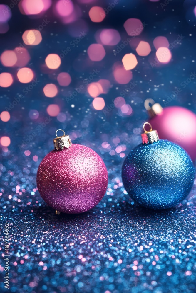 Two vibrant Christmas ornaments rest against a blue backdrop, illuminated by soft pink and blue lights, creating a festive and cheerful atmosphere.