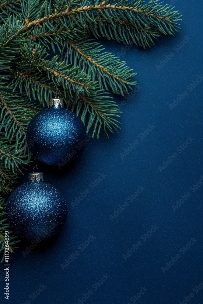 Two elegant blue Christmas ornaments rest against a vibrant blue background, creating a serene and festive atmosphere perfect for the holiday season. Two elegant blue Christmas ornaments rest against a vibrant blue background, creating a serene and festive atmosphere perfect for the holiday season.